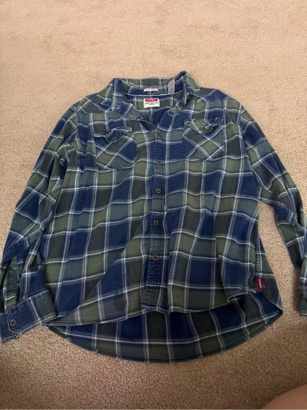 Wrangler Navy Blue and Olive Green Plaid Shirt